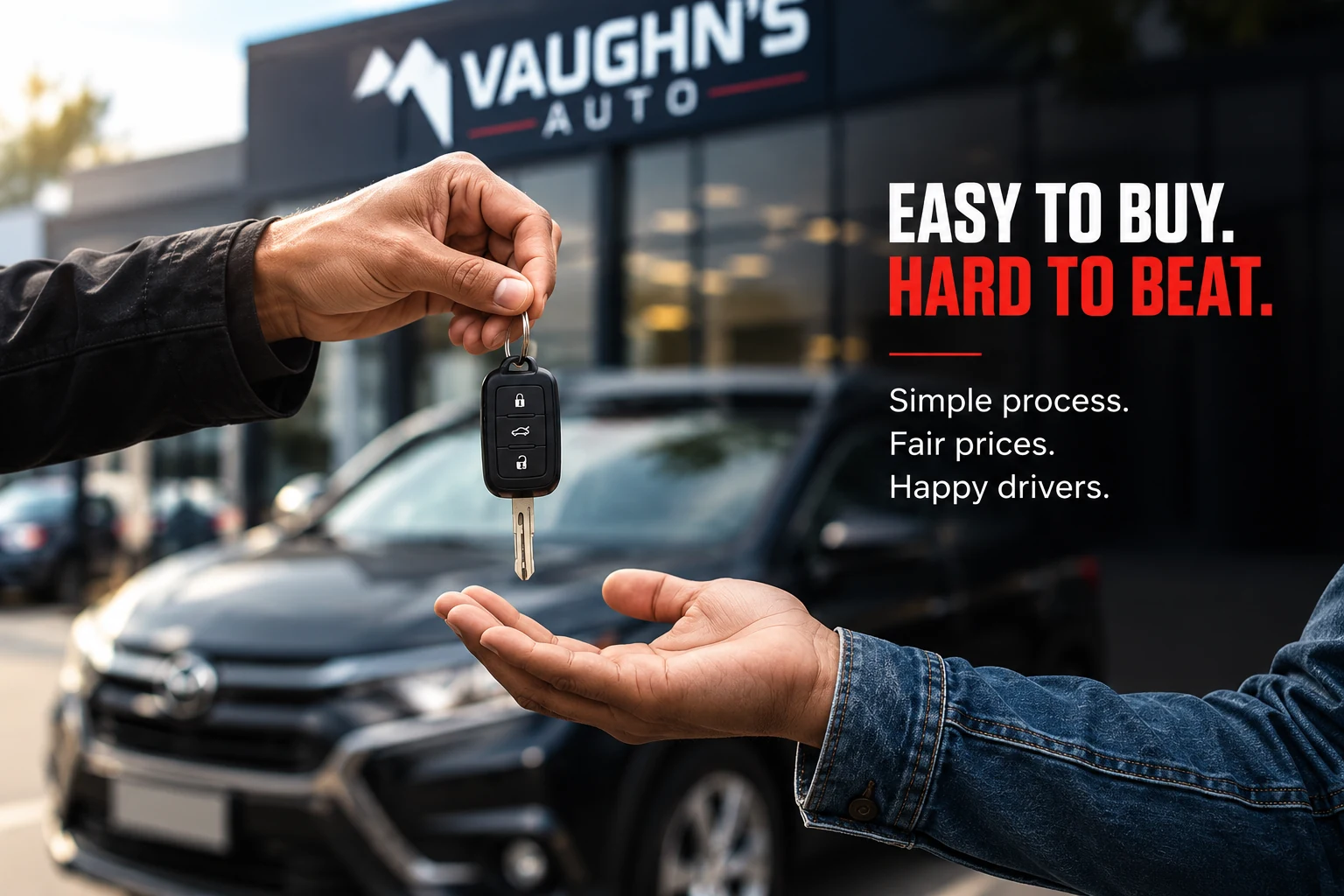 A salesperson handing car keys to a customer outside the Vaughn's Auto dealership