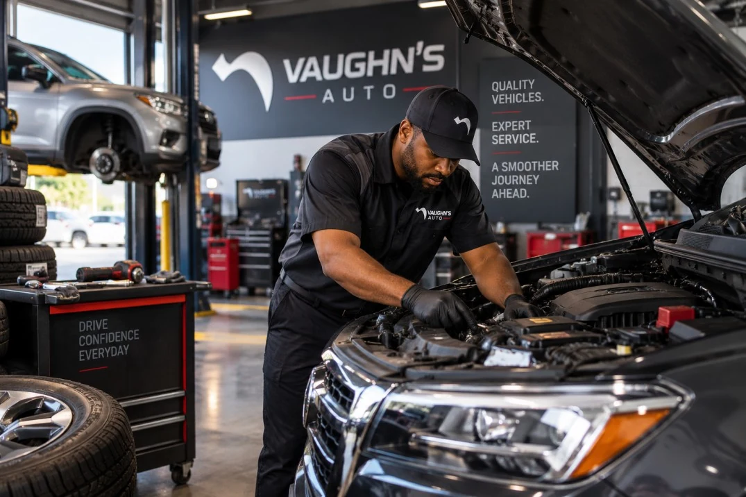 A Vaughn's Auto technician servicing a vehicle in the workshop
